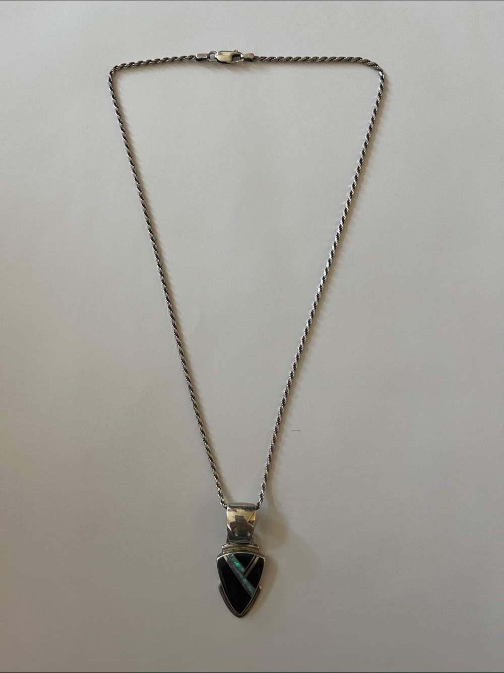 Sterling Silver Black Onyx and Opal Inlay Shield Pendant Necklace